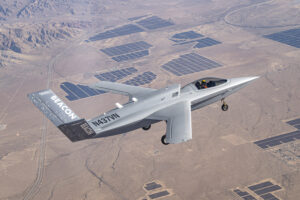 The Model 437 flying above the Mojave desert during its second flight.