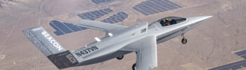 The Model 437 flying above the Mojave desert during its second flight.
