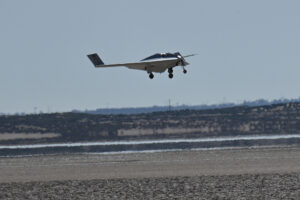 DARPA’s XRQ-73 SHEPARD hybrid-electric experimental aircraft takes off at Edwards Air Force Base, California.